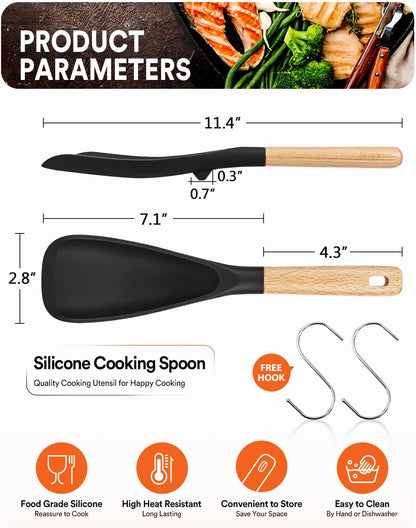 Cooking Spoon for Nonstick Cookwares, Great for Cooking and Serving Sturdy BPA-Free Matte Silicone, Wood Handle Spoon for Mixing, Scoop, and Scrape (2 Pack of Black, 13.4 inch)