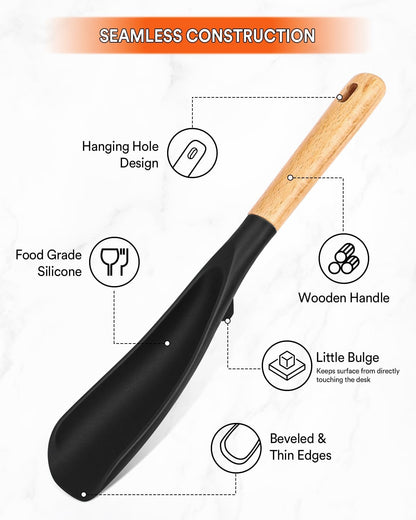 Cooking Spoon for Nonstick Cookwares, Great for Cooking and Serving Sturdy BPA-Free Matte Silicone, Wood Handle Spoon for Mixing, Scoop, and Scrape (2 Pack of Black, 13.4 inch)