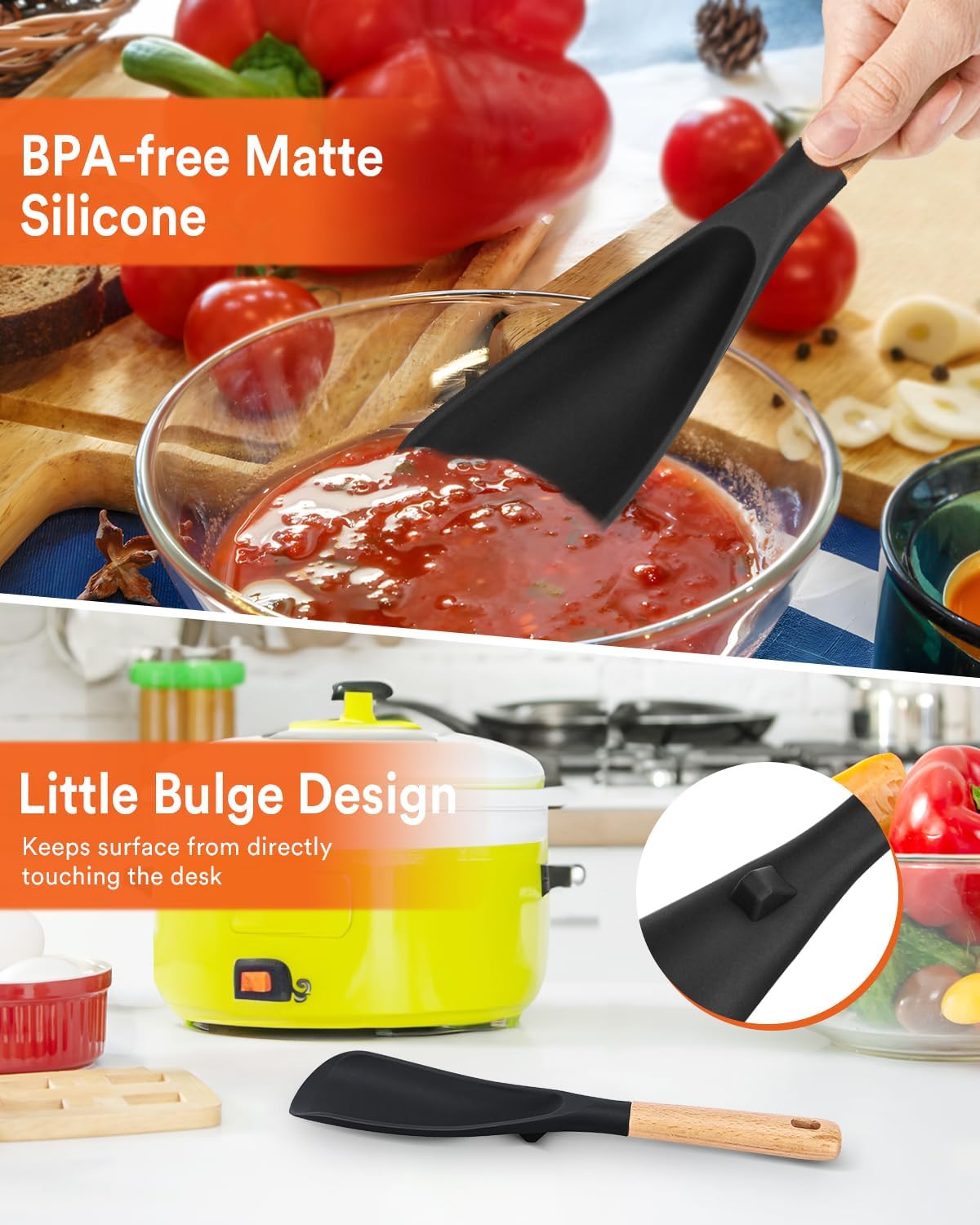 Cooking Spoon for Nonstick Cookwares, Great for Cooking and Serving Sturdy BPA-Free Matte Silicone, Wood Handle Spoon for Mixing, Scoop, and Scrape (2 Pack of Black, 13.4 inch)