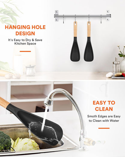 Cooking Spoon for Nonstick Cookwares, Great for Cooking and Serving Sturdy BPA-Free Matte Silicone, Wood Handle Spoon for Mixing, Scoop, and Scrape (2 Pack of Black, 13.4 inch)