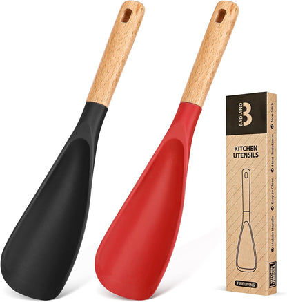 Cooking Spoon for Nonstick Cookwares, Great for Cooking and Serving Sturdy BPA-Free Matte Silicone, Wood Handle Spoon for Mixing, Scoop, and Scrape (2 Pack of Black, 13.4 inch)