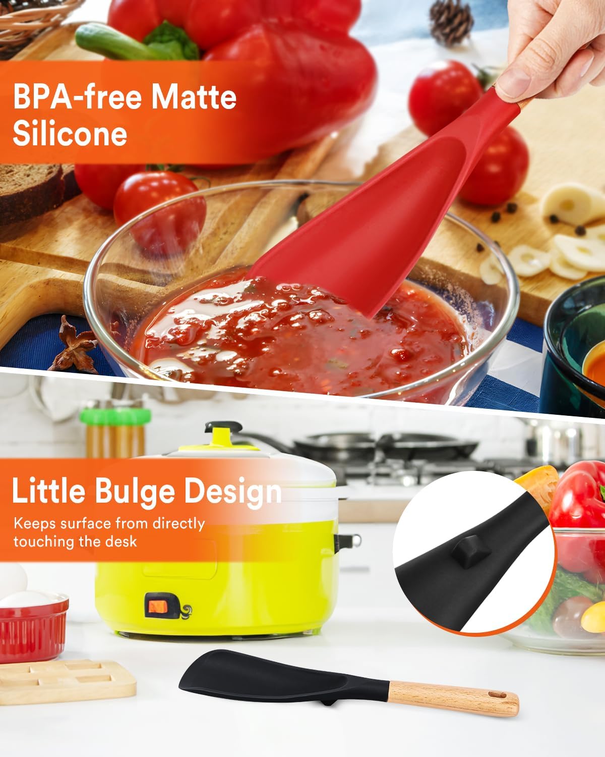 Cooking Spoon for Nonstick Cookwares, Great for Cooking and Serving Sturdy BPA-Free Matte Silicone, Wood Handle Spoon for Mixing, Scoop, and Scrape (2 Pack of Black, 13.4 inch)