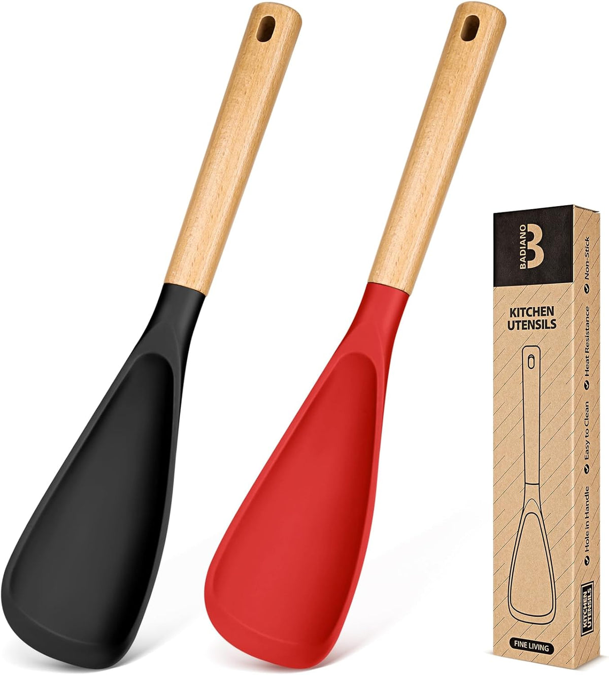 Cooking Spoon for Nonstick Cookwares, Great for Cooking and Serving Sturdy BPA-Free Matte Silicone, Wood Handle Spoon for Mixing, Scoop, and Scrape (2 Pack of Black, 13.4 inch)