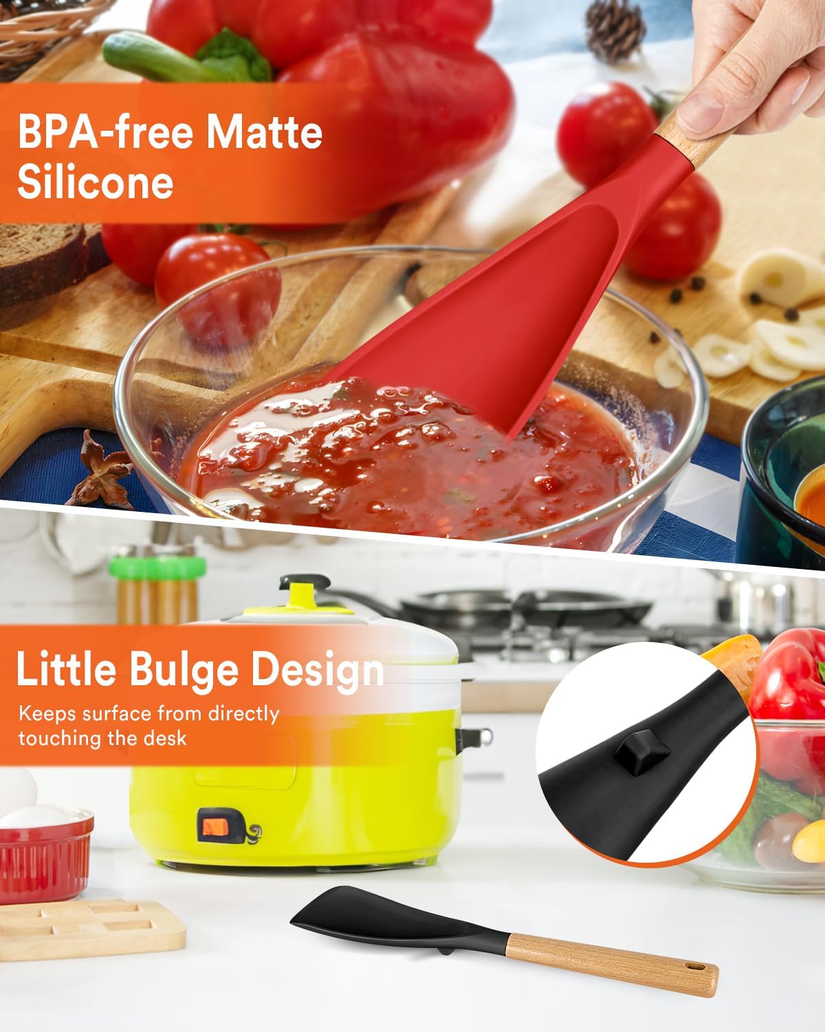 Cooking Spoon for Nonstick Cookwares, Great for Cooking and Serving Sturdy BPA-Free Matte Silicone, Wood Handle Spoon for Mixing, Scoop, and Scrape (2 Pack of Black, 13.4 inch)