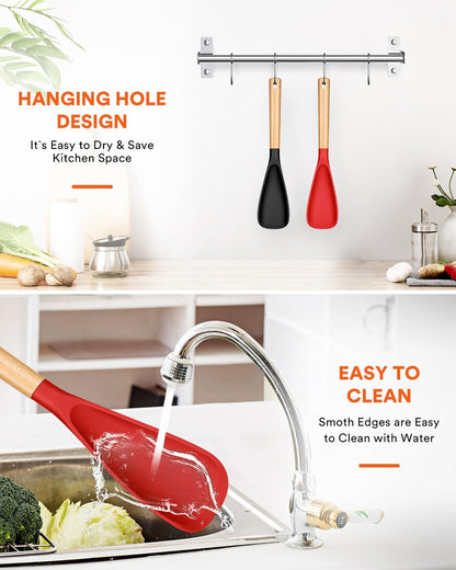 Cooking Spoon for Nonstick Cookwares, Great for Cooking and Serving Sturdy BPA-Free Matte Silicone, Wood Handle Spoon for Mixing, Scoop, and Scrape (2 Pack of Black, 13.4 inch)