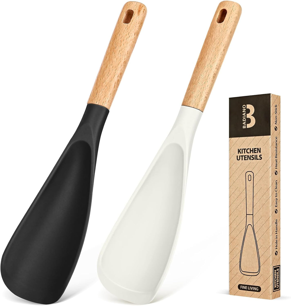 Cooking Spoon for Nonstick Cookwares, Great for Cooking and Serving Sturdy BPA-Free Matte Silicone, Wood Handle Spoon for Mixing, Scoop, and Scrape (2 Pack of Black, 13.4 inch)