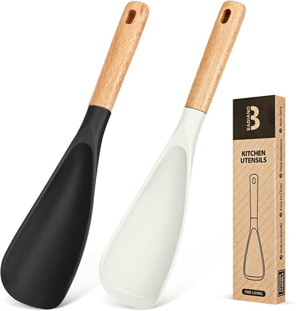 Cooking Spoon for Nonstick Cookwares, Great for Cooking and Serving Sturdy BPA-Free Matte Silicone, Wood Handle Spoon for Mixing, Scoop, and Scrape (2 Pack of Black, 13.4 inch)