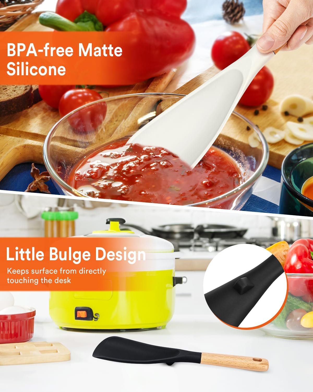 Cooking Spoon for Nonstick Cookwares, Great for Cooking and Serving Sturdy BPA-Free Matte Silicone, Wood Handle Spoon for Mixing, Scoop, and Scrape (2 Pack of Black, 13.4 inch)