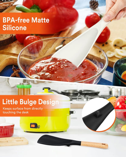 Cooking Spoon for Nonstick Cookwares, Great for Cooking and Serving Sturdy BPA-Free Matte Silicone, Wood Handle Spoon for Mixing, Scoop, and Scrape (2 Pack of Black, 13.4 inch)