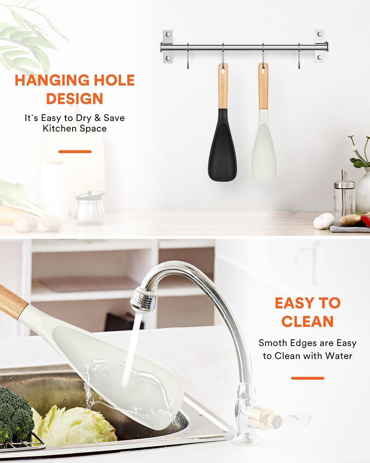Cooking Spoon for Nonstick Cookwares, Great for Cooking and Serving Sturdy BPA-Free Matte Silicone, Wood Handle Spoon for Mixing, Scoop, and Scrape (2 Pack of Black, 13.4 inch)