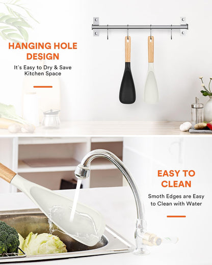 Cooking Spoon for Nonstick Cookwares, Great for Cooking and Serving Sturdy BPA-Free Matte Silicone, Wood Handle Spoon for Mixing, Scoop, and Scrape (2 Pack of Black, 13.4 inch)