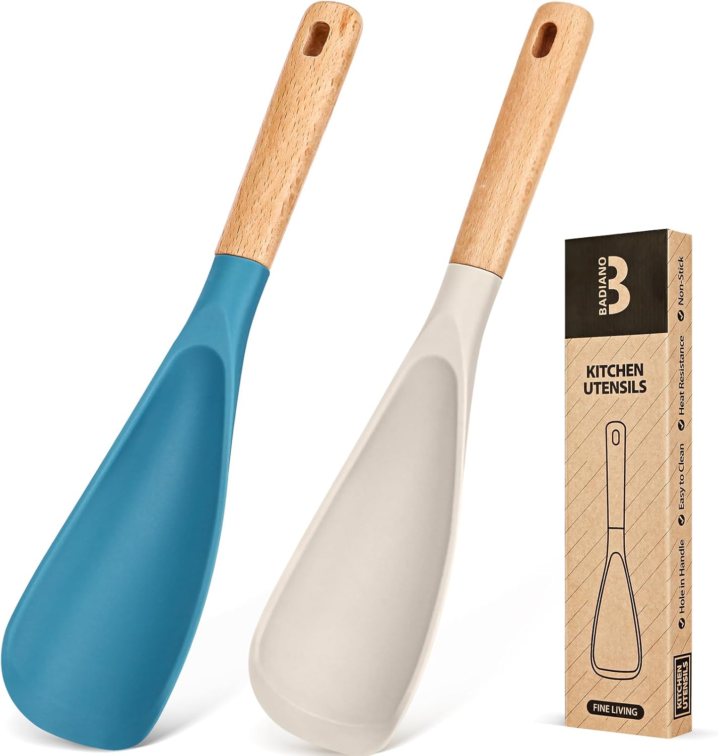 Cooking Spoon for Nonstick Cookwares, Great for Cooking and Serving Sturdy BPA-Free Matte Silicone, Wood Handle Spoon for Mixing, Scoop, and Scrape (2 Pack of Black, 13.4 inch)