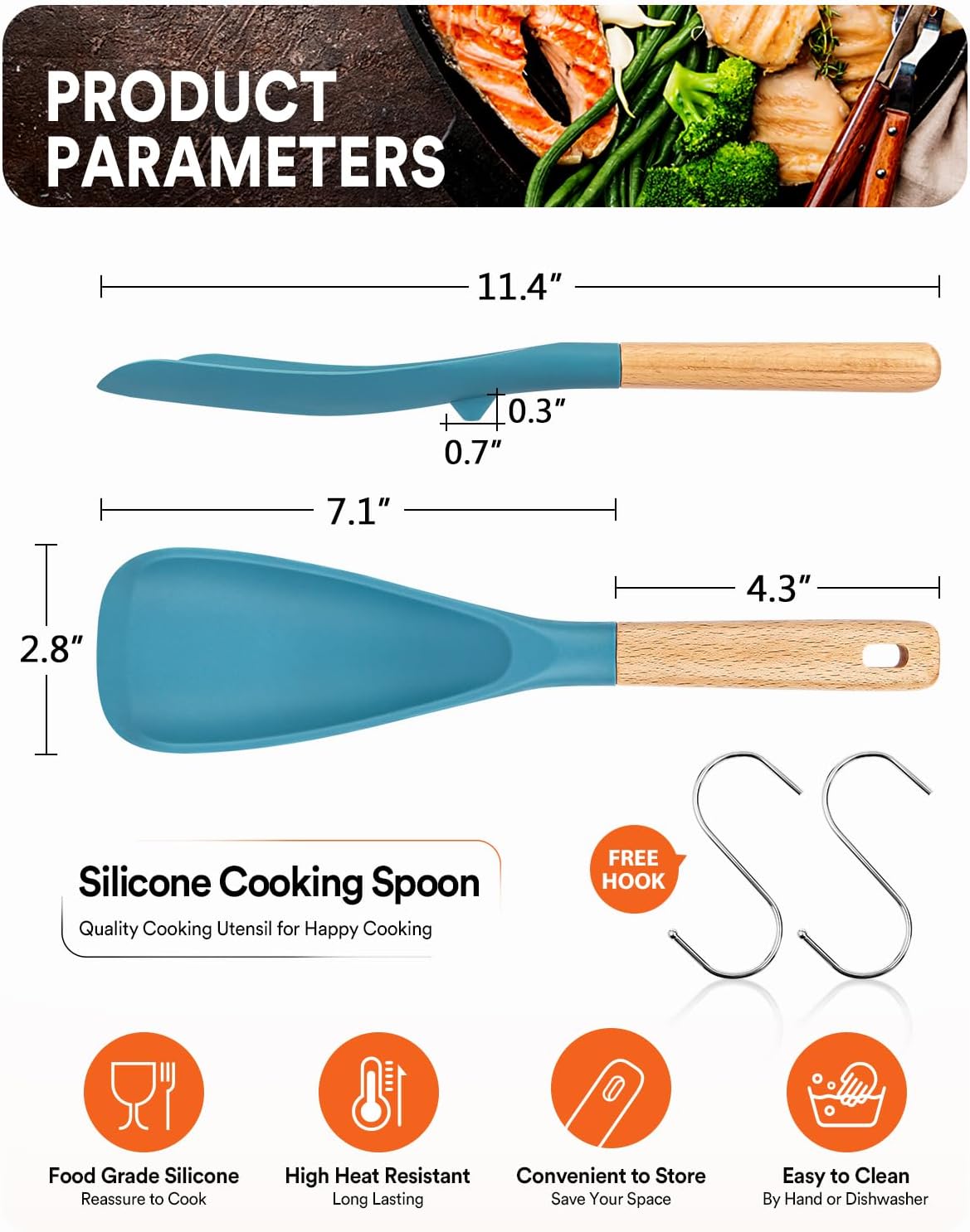 Cooking Spoon for Nonstick Cookwares, Great for Cooking and Serving Sturdy BPA-Free Matte Silicone, Wood Handle Spoon for Mixing, Scoop, and Scrape (2 Pack of Black, 13.4 inch)