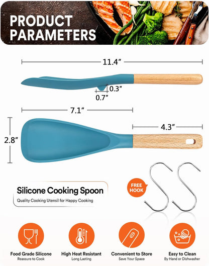 Cooking Spoon for Nonstick Cookwares, Great for Cooking and Serving Sturdy BPA-Free Matte Silicone, Wood Handle Spoon for Mixing, Scoop, and Scrape (2 Pack of Black, 13.4 inch)
