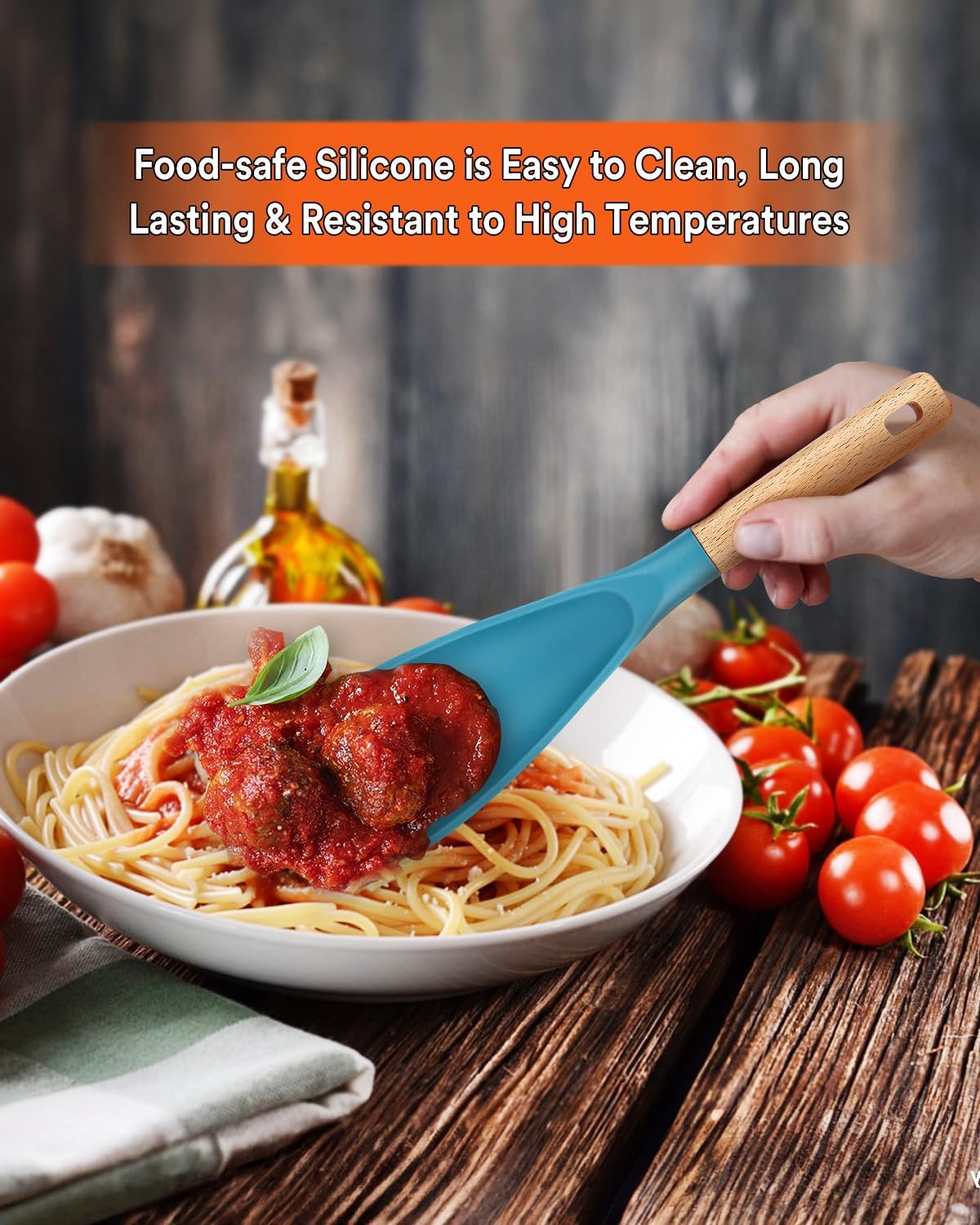 Cooking Spoon for Nonstick Cookwares, Great for Cooking and Serving Sturdy BPA-Free Matte Silicone, Wood Handle Spoon for Mixing, Scoop, and Scrape (2 Pack of Black, 13.4 inch)