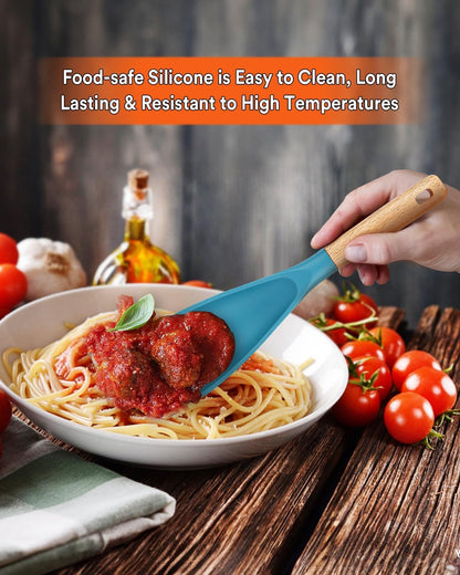 Cooking Spoon for Nonstick Cookwares, Great for Cooking and Serving Sturdy BPA-Free Matte Silicone, Wood Handle Spoon for Mixing, Scoop, and Scrape (2 Pack of Black, 13.4 inch)