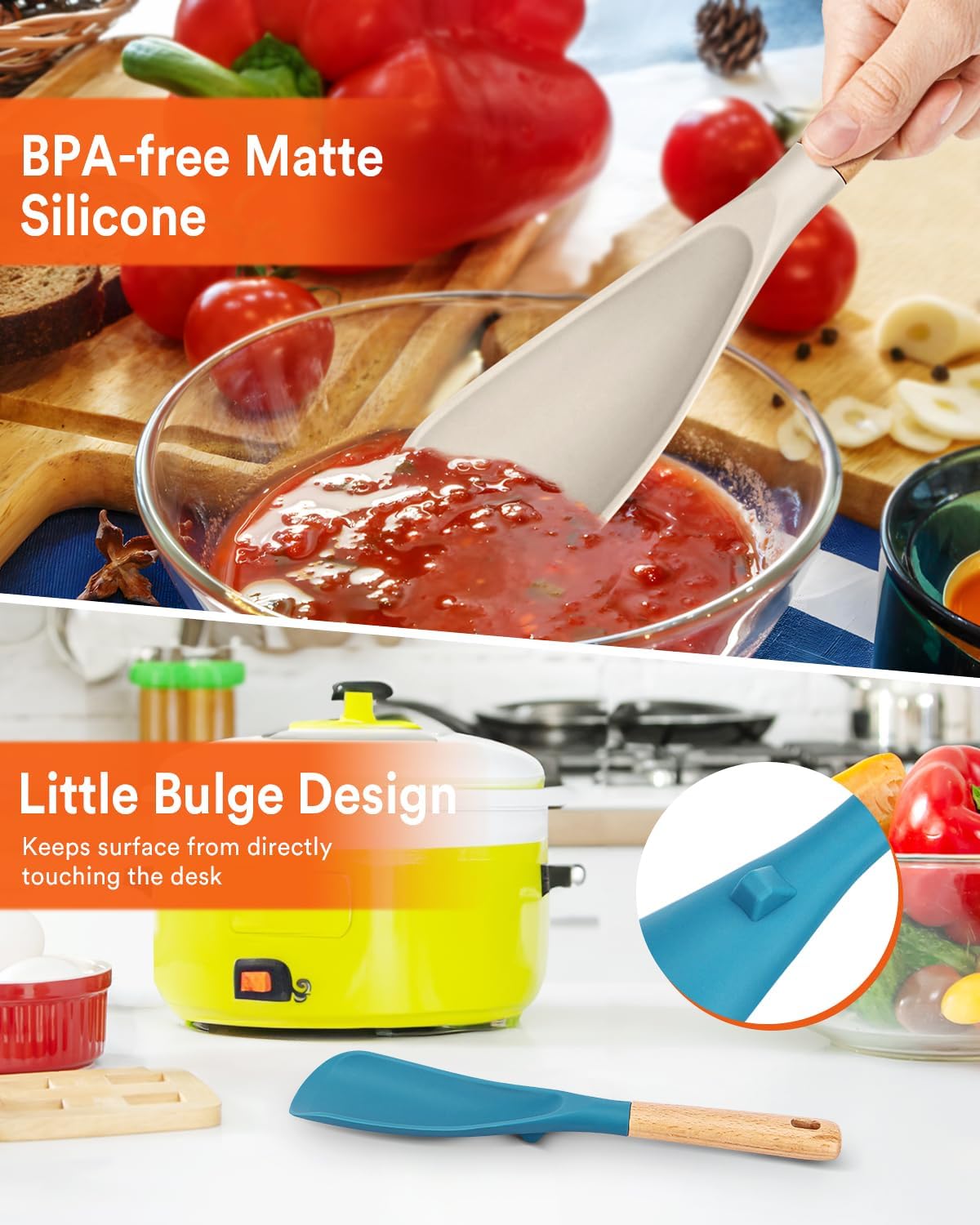 Cooking Spoon for Nonstick Cookwares, Great for Cooking and Serving Sturdy BPA-Free Matte Silicone, Wood Handle Spoon for Mixing, Scoop, and Scrape (2 Pack of Black, 13.4 inch)