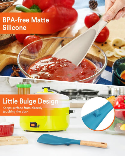 Cooking Spoon for Nonstick Cookwares, Great for Cooking and Serving Sturdy BPA-Free Matte Silicone, Wood Handle Spoon for Mixing, Scoop, and Scrape (2 Pack of Black, 13.4 inch)