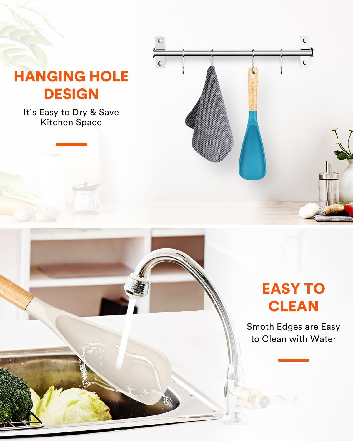 Cooking Spoon for Nonstick Cookwares, Great for Cooking and Serving Sturdy BPA-Free Matte Silicone, Wood Handle Spoon for Mixing, Scoop, and Scrape (2 Pack of Black, 13.4 inch)