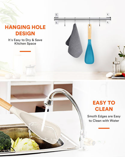 Cooking Spoon for Nonstick Cookwares, Great for Cooking and Serving Sturdy BPA-Free Matte Silicone, Wood Handle Spoon for Mixing, Scoop, and Scrape (2 Pack of Black, 13.4 inch)