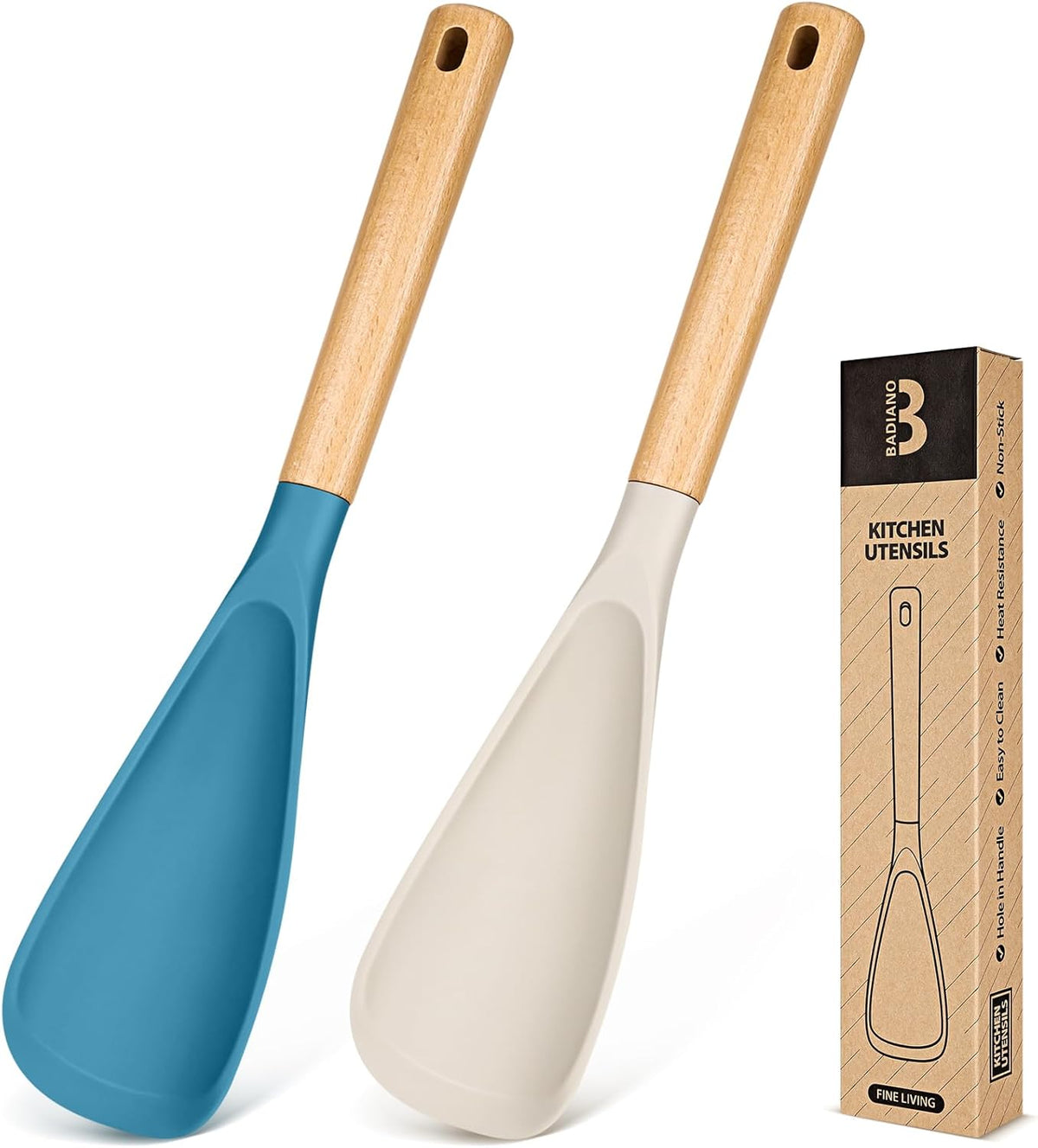 Cooking Spoon for Nonstick Cookwares, Great for Cooking and Serving Sturdy BPA-Free Matte Silicone, Wood Handle Spoon for Mixing, Scoop, and Scrape (2 Pack of Black, 13.4 inch)