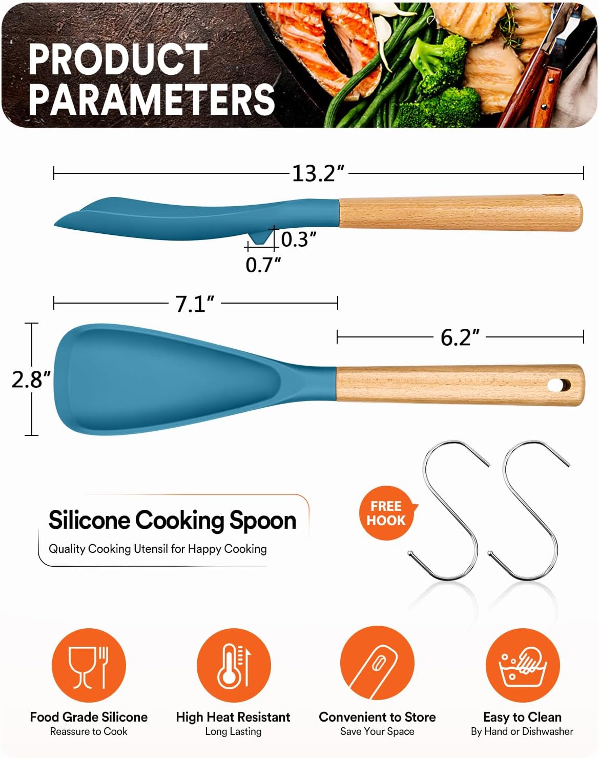 Cooking Spoon for Nonstick Cookwares, Great for Cooking and Serving Sturdy BPA-Free Matte Silicone, Wood Handle Spoon for Mixing, Scoop, and Scrape (2 Pack of Black, 13.4 inch)