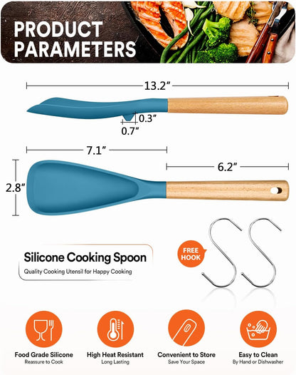 Cooking Spoon for Nonstick Cookwares, Great for Cooking and Serving Sturdy BPA-Free Matte Silicone, Wood Handle Spoon for Mixing, Scoop, and Scrape (2 Pack of Black, 13.4 inch)