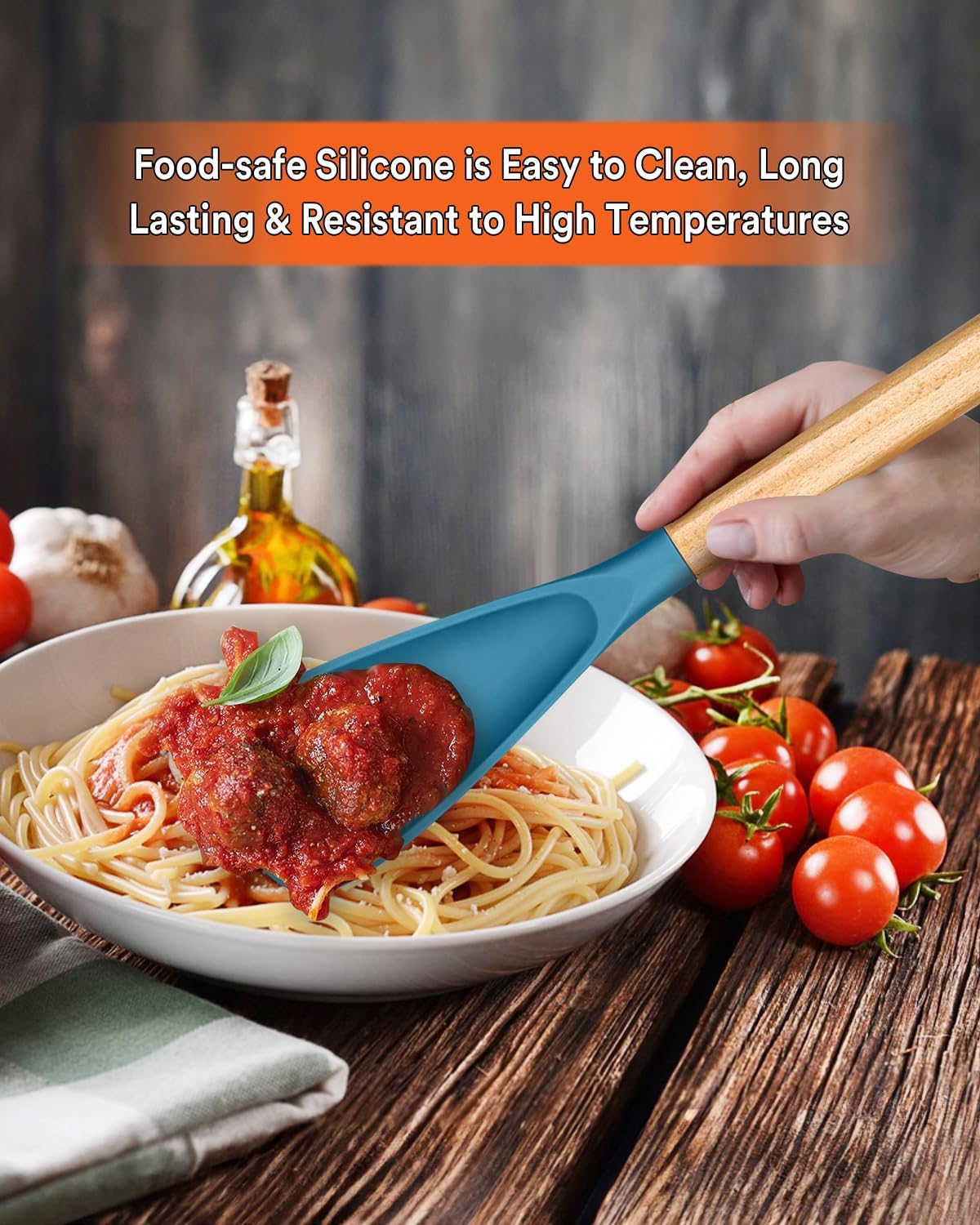 Cooking Spoon for Nonstick Cookwares, Great for Cooking and Serving Sturdy BPA-Free Matte Silicone, Wood Handle Spoon for Mixing, Scoop, and Scrape (2 Pack of Black, 13.4 inch)