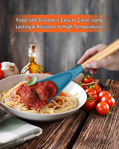 Cooking Spoon for Nonstick Cookwares, Great for Cooking and Serving Sturdy BPA-Free Matte Silicone, Wood Handle Spoon for Mixing, Scoop, and Scrape (2 Pack of Black, 13.4 inch)