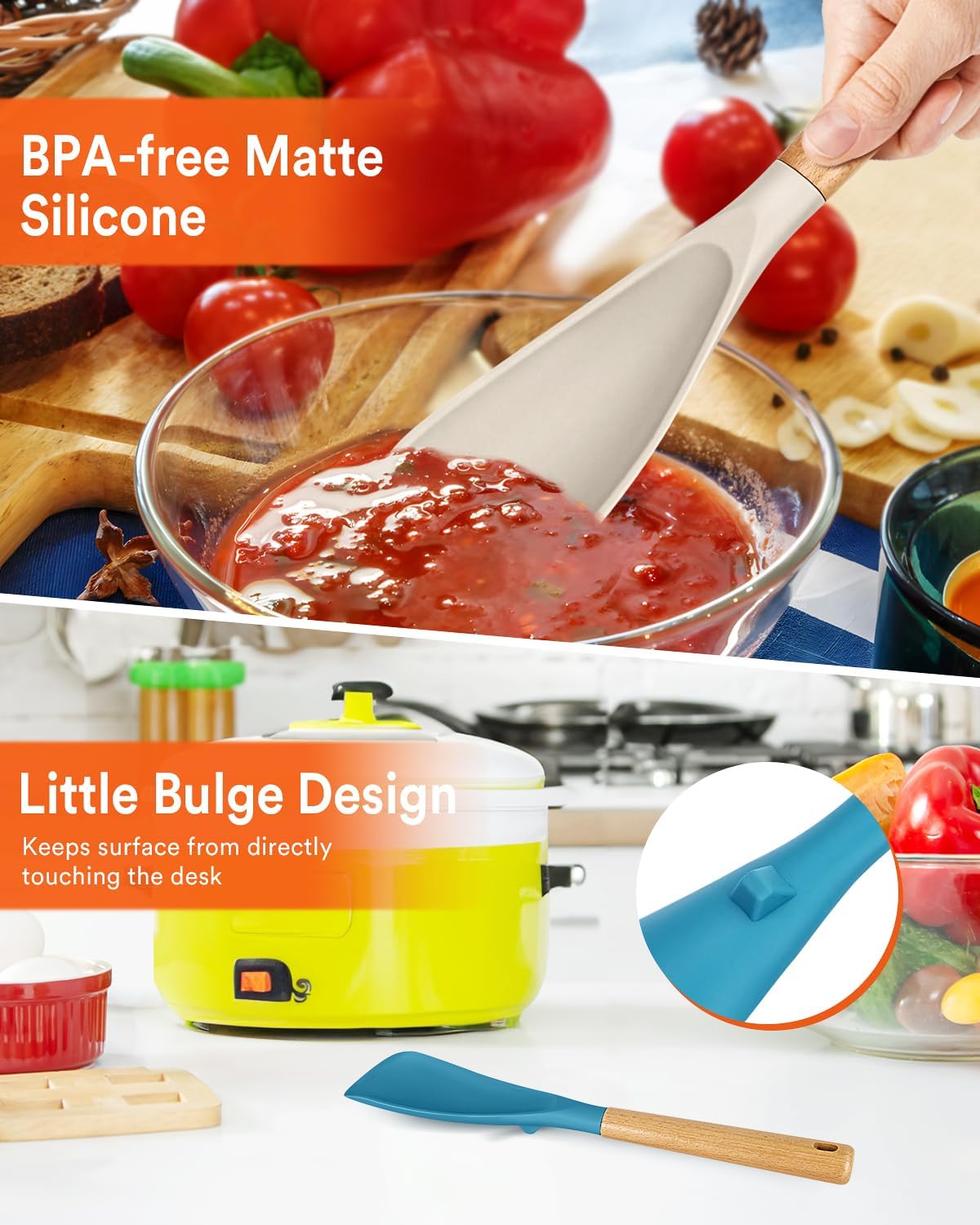 Cooking Spoon for Nonstick Cookwares, Great for Cooking and Serving Sturdy BPA-Free Matte Silicone, Wood Handle Spoon for Mixing, Scoop, and Scrape (2 Pack of Black, 13.4 inch)