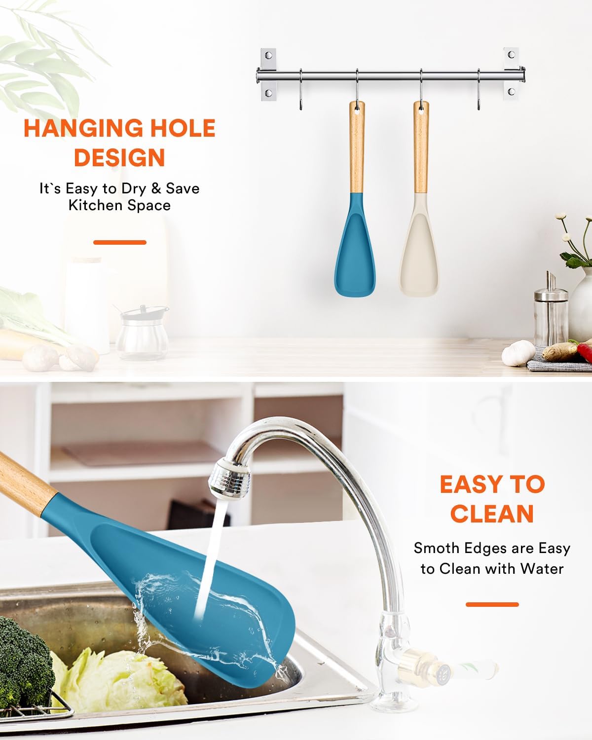 Cooking Spoon for Nonstick Cookwares, Great for Cooking and Serving Sturdy BPA-Free Matte Silicone, Wood Handle Spoon for Mixing, Scoop, and Scrape (2 Pack of Black, 13.4 inch)