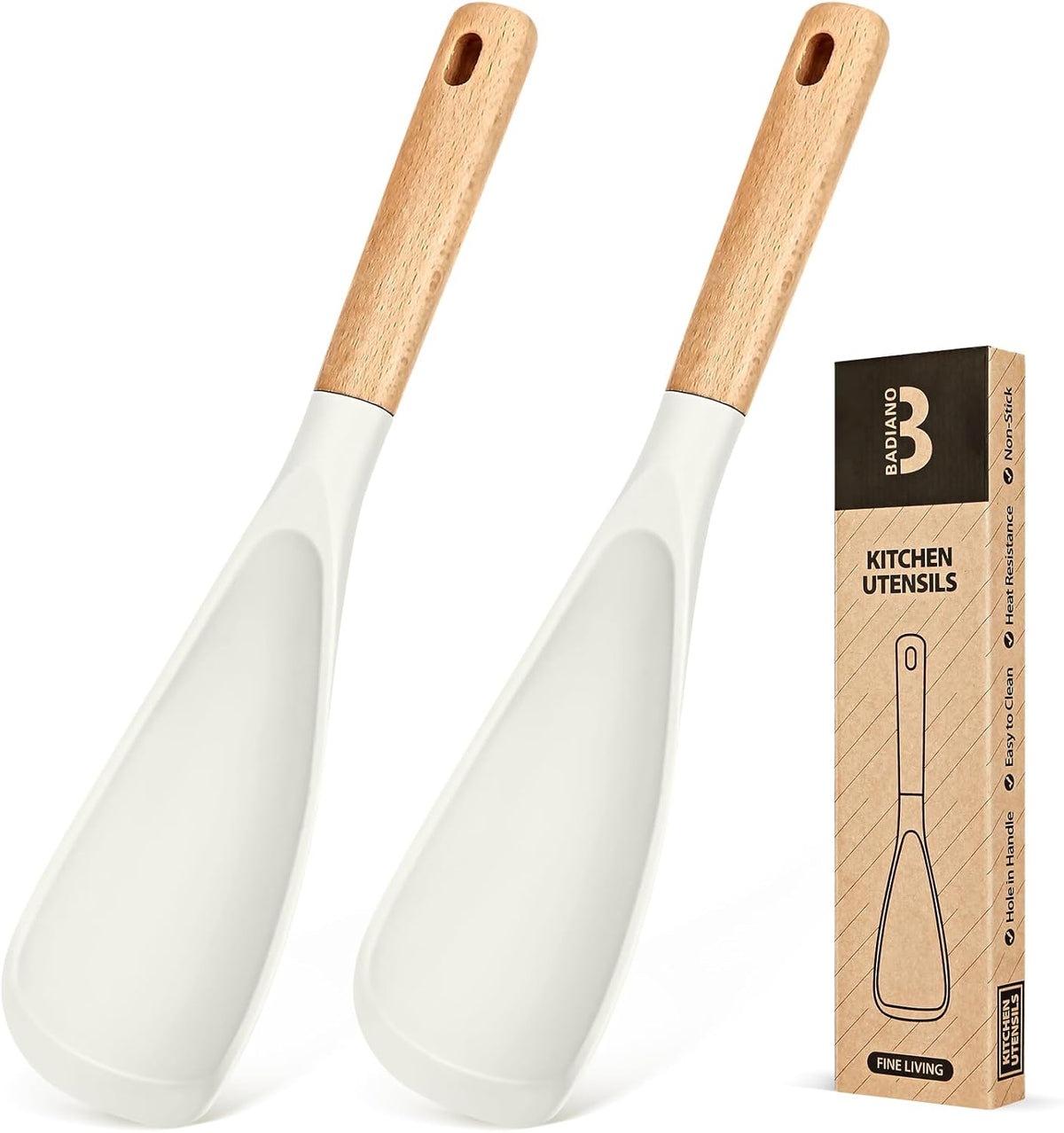Cooking Spoon for Nonstick Cookwares, Great for Cooking and Serving Sturdy BPA-Free Matte Silicone, Wood Handle Spoon for Mixing, Scoop, and Scrape (2 Pack of Black, 13.4 inch)