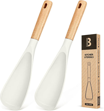Cooking Spoon for Nonstick Cookwares, Great for Cooking and Serving Sturdy BPA-Free Matte Silicone, Wood Handle Spoon for Mixing, Scoop, and Scrape (2 Pack of Black, 13.4 inch)