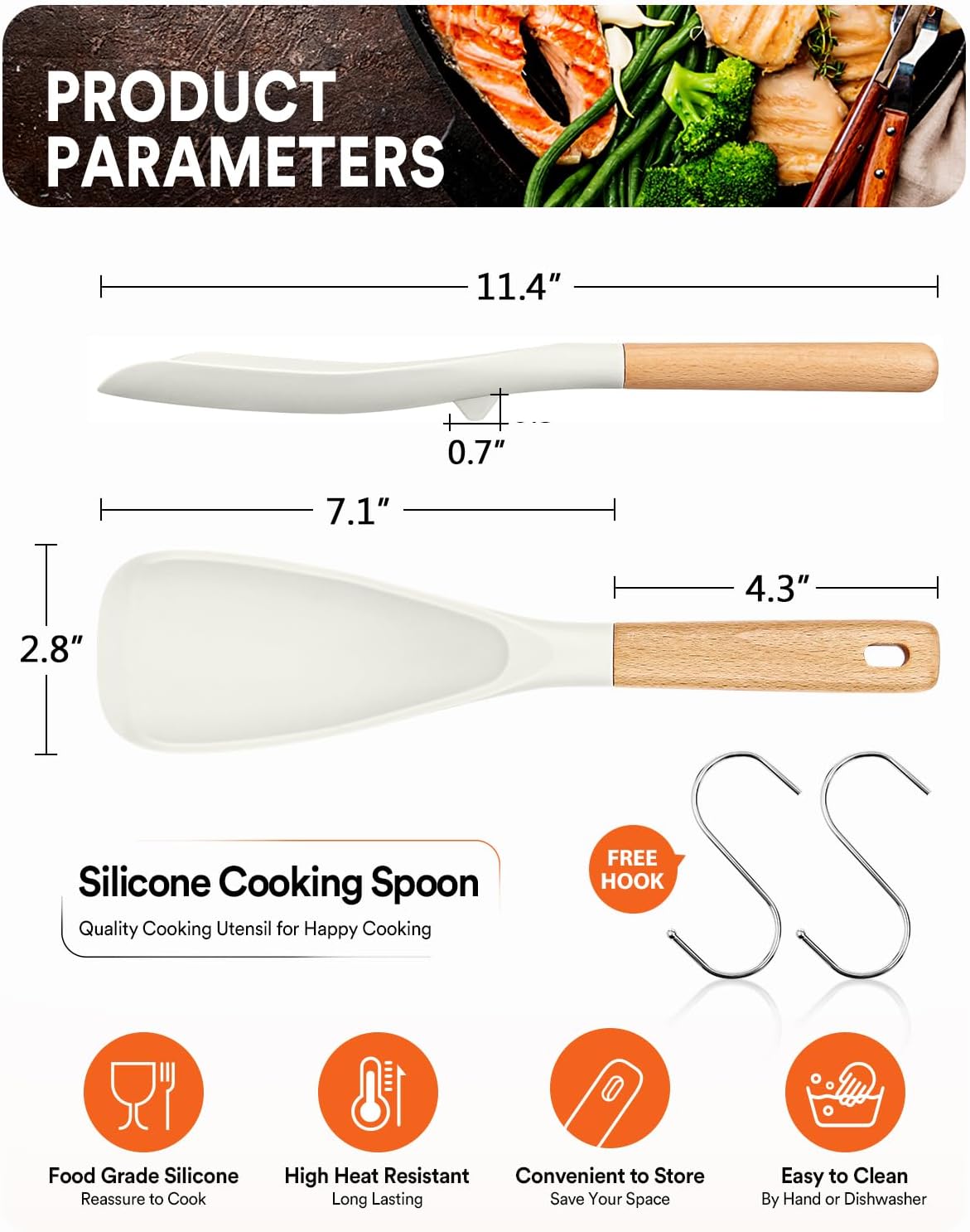 Cooking Spoon for Nonstick Cookwares, Great for Cooking and Serving Sturdy BPA-Free Matte Silicone, Wood Handle Spoon for Mixing, Scoop, and Scrape (2 Pack of Black, 13.4 inch)