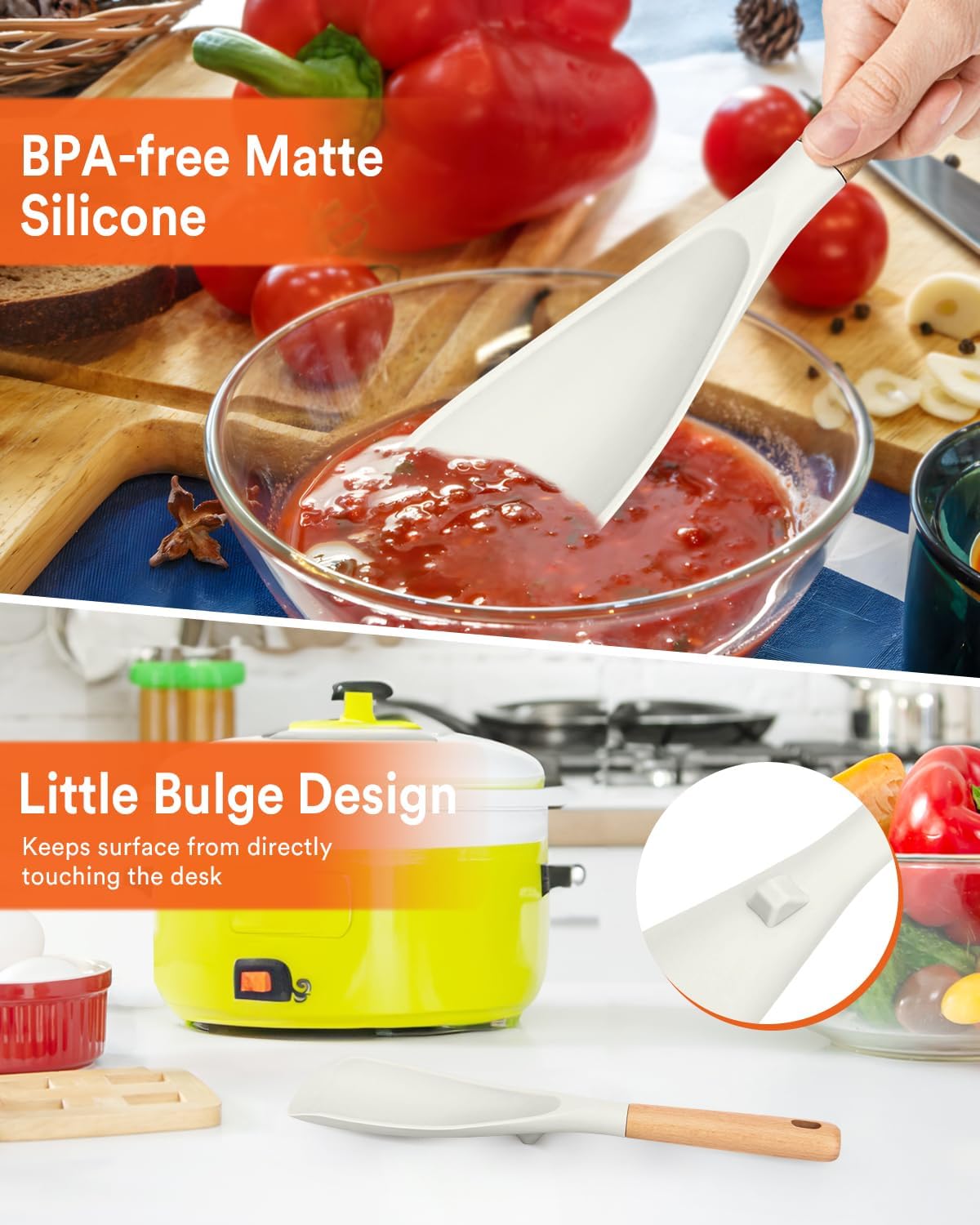 Cooking Spoon for Nonstick Cookwares, Great for Cooking and Serving Sturdy BPA-Free Matte Silicone, Wood Handle Spoon for Mixing, Scoop, and Scrape (2 Pack of Black, 13.4 inch)