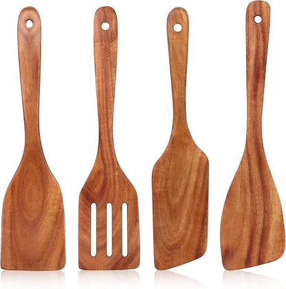 Non Toxic Wooden Spatula for Cooking Utensil Set Teak Kitchen Cooking Spoon | Flat Wood Spurtle Spatulas Set Bamboo Kitchen Utensils Slotted Turner Utensil Tool Cast Iron Scraper Thin Egg Spatula
