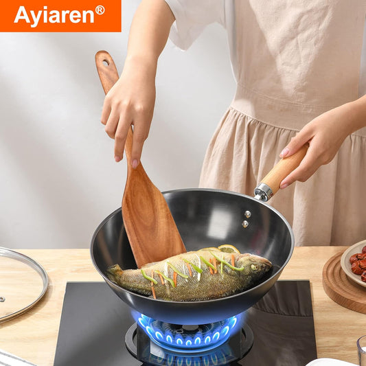 Non Toxic Wooden Spatula for Cooking Utensil Set Teak Kitchen Cooking Spoon | Flat Wood Spurtle Spatulas Set Bamboo Kitchen Utensils Slotted Turner Utensil Tool Cast Iron Scraper Thin Egg Spatula