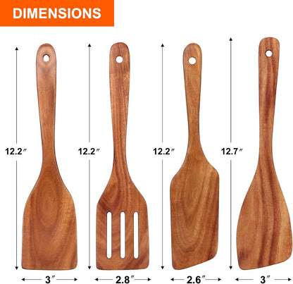 Non Toxic Wooden Spatula for Cooking Utensil Set Teak Kitchen Cooking Spoon | Flat Wood Spurtle Spatulas Set Bamboo Kitchen Utensils Slotted Turner Utensil Tool Cast Iron Scraper Thin Egg Spatula