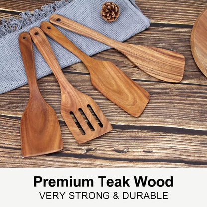 Non Toxic Wooden Spatula for Cooking Utensil Set Teak Kitchen Cooking Spoon | Flat Wood Spurtle Spatulas Set Bamboo Kitchen Utensils Slotted Turner Utensil Tool Cast Iron Scraper Thin Egg Spatula