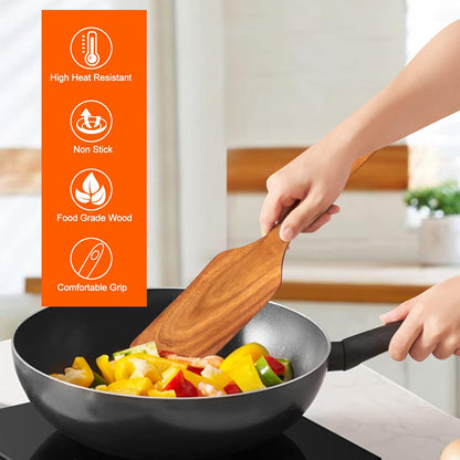 Non Toxic Wooden Spatula for Cooking Utensil Set Teak Kitchen Cooking Spoon | Flat Wood Spurtle Spatulas Set Bamboo Kitchen Utensils Slotted Turner Utensil Tool Cast Iron Scraper Thin Egg Spatula