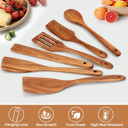 Non Toxic Wooden Spatula for Cooking Utensil Set Teak Kitchen Cooking Spoon | Flat Wood Spurtle Spatulas Set Bamboo Kitchen Utensils Slotted Turner Utensil Tool Cast Iron Scraper Thin Egg Spatula