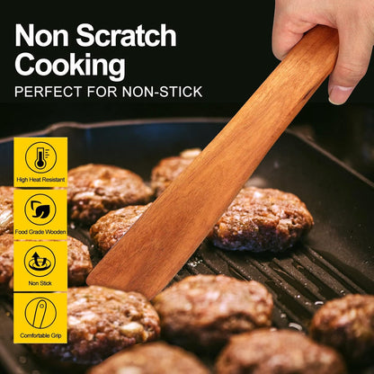 Non Toxic Wooden Spatula for Cooking Utensil Set Teak Kitchen Cooking Spoon | Flat Wood Spurtle Spatulas Set Bamboo Kitchen Utensils Slotted Turner Utensil Tool Cast Iron Scraper Thin Egg Spatula