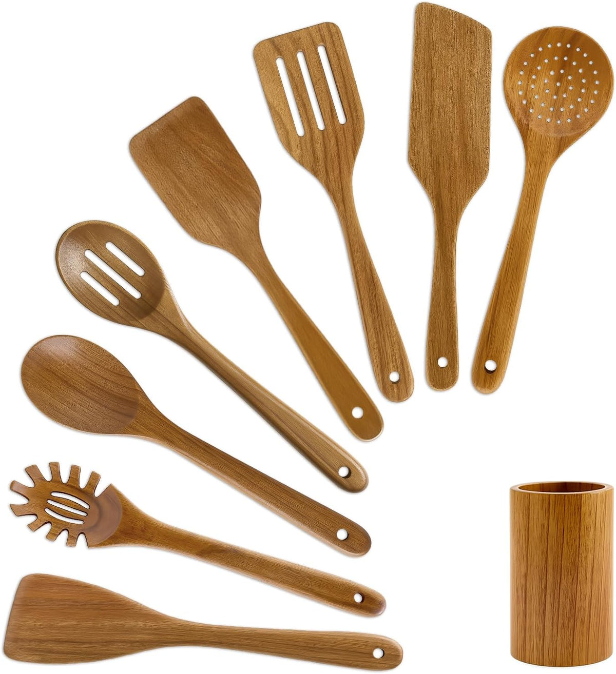 Non Toxic Wooden Spatula for Cooking Utensil Set Teak Kitchen Cooking Spoon | Flat Wood Spurtle Spatulas Set Bamboo Kitchen Utensils Slotted Turner Utensil Tool Cast Iron Scraper Thin Egg Spatula