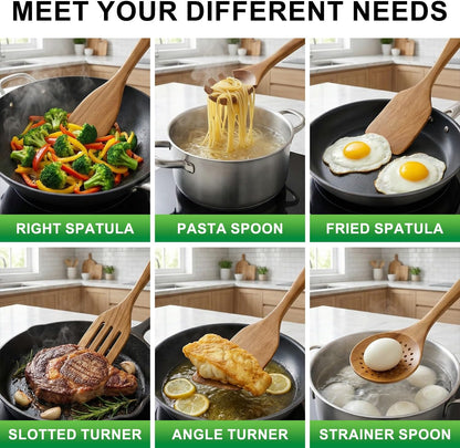 Non Toxic Wooden Spatula for Cooking Utensil Set Teak Kitchen Cooking Spoon | Flat Wood Spurtle Spatulas Set Bamboo Kitchen Utensils Slotted Turner Utensil Tool Cast Iron Scraper Thin Egg Spatula