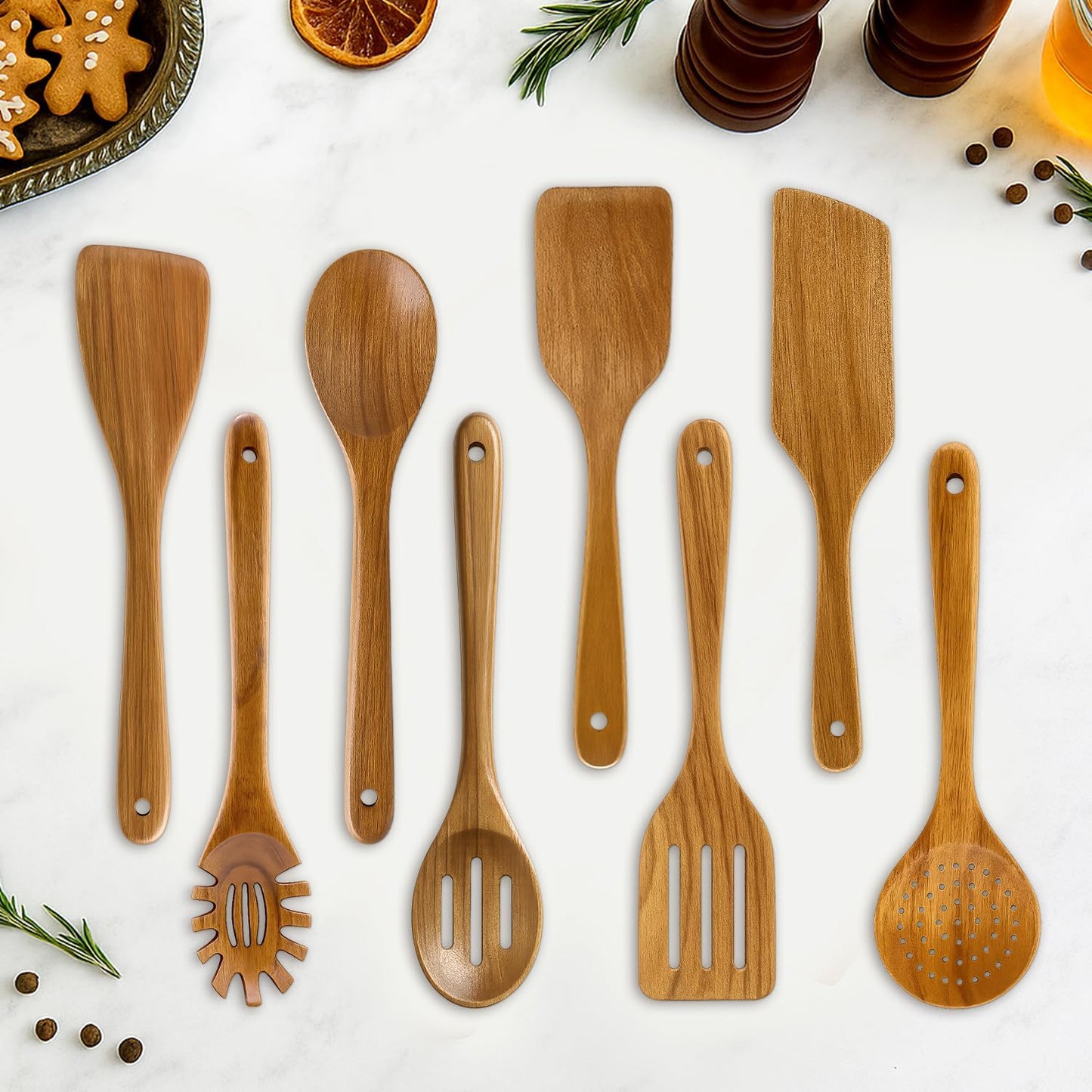 Non Toxic Wooden Spatula for Cooking Utensil Set Teak Kitchen Cooking Spoon | Flat Wood Spurtle Spatulas Set Bamboo Kitchen Utensils Slotted Turner Utensil Tool Cast Iron Scraper Thin Egg Spatula