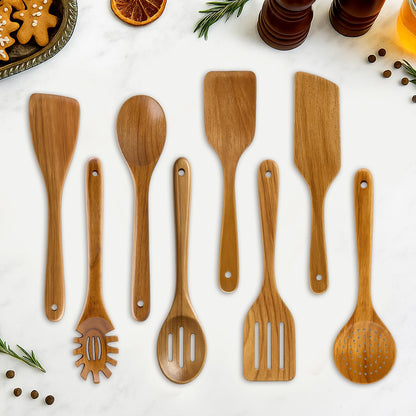 Non Toxic Wooden Spatula for Cooking Utensil Set Teak Kitchen Cooking Spoon | Flat Wood Spurtle Spatulas Set Bamboo Kitchen Utensils Slotted Turner Utensil Tool Cast Iron Scraper Thin Egg Spatula