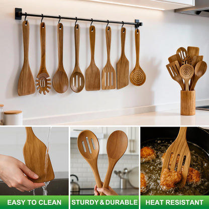 Non Toxic Wooden Spatula for Cooking Utensil Set Teak Kitchen Cooking Spoon | Flat Wood Spurtle Spatulas Set Bamboo Kitchen Utensils Slotted Turner Utensil Tool Cast Iron Scraper Thin Egg Spatula