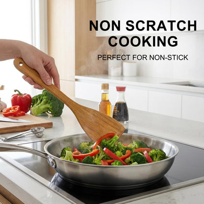 Non Toxic Wooden Spatula for Cooking Utensil Set Teak Kitchen Cooking Spoon | Flat Wood Spurtle Spatulas Set Bamboo Kitchen Utensils Slotted Turner Utensil Tool Cast Iron Scraper Thin Egg Spatula