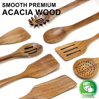 Non Toxic Wooden Spatula for Cooking Utensil Set Teak Kitchen Cooking Spoon | Flat Wood Spurtle Spatulas Set Bamboo Kitchen Utensils Slotted Turner Utensil Tool Cast Iron Scraper Thin Egg Spatula