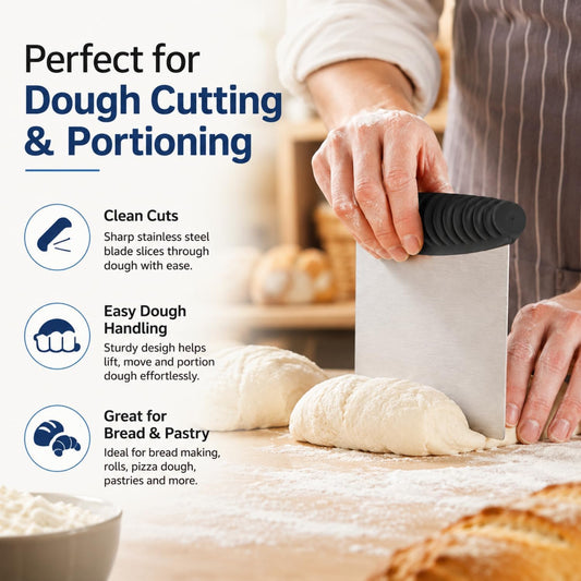 Heavy Duty Stainless Steel Dough Scraper & Bench Scraper | Multi-Purpose Metal Spatula for Baking, Bread & Pastry Cutting with Measuring Scale, Random Color Handle